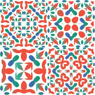 Antika talavera döşeme yama fabrikası. Vektörsüz desenlerin toplanması. Banyo tasarımı. Çantalar, akıllı telefon kılıfları, tişörtler, çarşaflar ve koleksiyon defterleri için kırmızı Meksika süslemeleri..