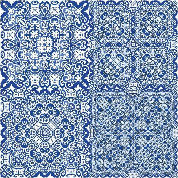 Traditional Ornate Portuguese Azulejos Original Design Kit Vector Seamless Patterns — Stock Vector