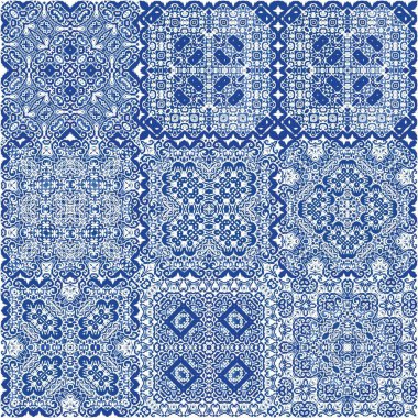 Geleneksel Portekizli azulejolar. Grafik tasarımı. Bir dizi vektörsüz şablon. Ağ arkaplanı, baskı, yastıklar, yüzey dokusu, duvar kağıdı, havlular için mavi soyut arkaplan.
