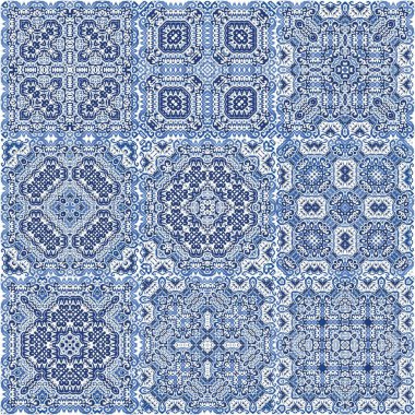 Antika Portekiz azulejo seramiği. Vektör aralıksız desenler. Şık tasarım. Koleksiyon defteri, akıllı telefon kılıfları, tişörtler, çantalar ve çarşaflar için mavi ve soyut bir dekor.