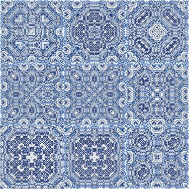 Antika Portekiz azulejo seramiği. Moda tasarımı. Vektör aralıksız desenler. Koleksiyon defteri, akıllı telefon kılıfları, tişörtler, çantalar ve çarşaflar için mavi ve soyut bir dekor.