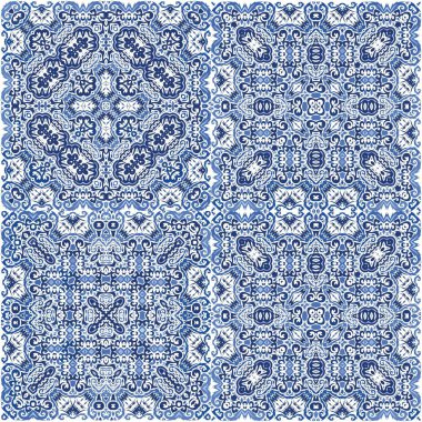 Seramik fayanslar azulejo portugal. Moda tasarımı. Vektör aralıksız desenler. Tişört, hatıra defteri, çarşaf, akıllı telefon çantaları veya çantalar için mavi etnik altyapı.