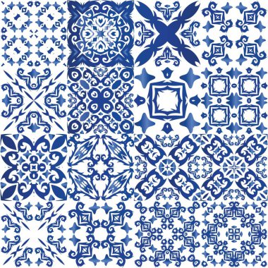 Antika azulejo döşeme yaması. Vektör aralıksız desenler. Modern tasarım. Çantalar, akıllı telefon kılıfları, tişörtler, çarşaflar veya koleksiyon defterleri için mavi İspanya ve Portekiz dekoru.