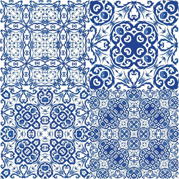 アンティークAzulejoタイルパッチワーク ベクトルシームレスパターンのキット ユニバーサルデザイン バッグ スマートフォンケース Tシャツ リネンやスクラップブッキングのための青いスペインとポルトガルの装飾 — ストックベクタ