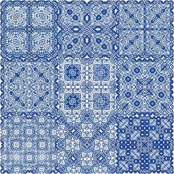 ポルトガル語Azulejoの民族陶板タイル オリジナルデザイン ベクトルシームレスパターンのコレクション 表面の質感 タオル ウェブ背景のためのブルーヴィンテージの装飾 — ストックベクタ