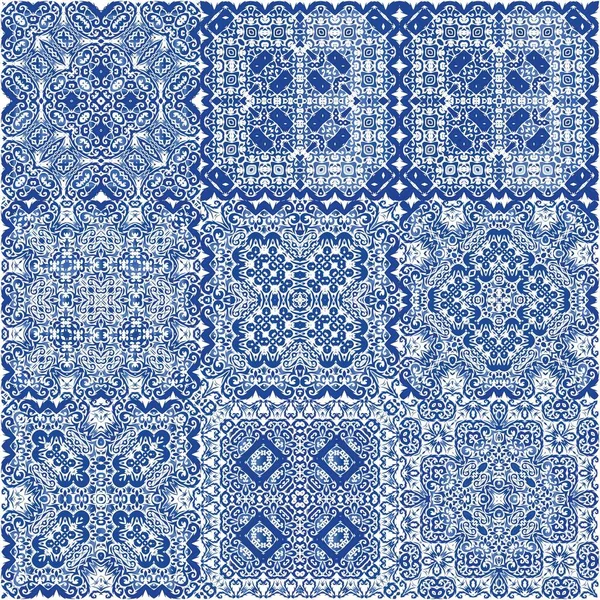 伝統的な華やかなポルトガルのアズレージョ グラフィックデザイン ベクトルシームレスパターンのセット Web背景 表面の質感 タオルのための青抽象的な背景 — ストックベクタ