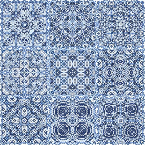 装飾的な色のセラミックAzulejoタイル スタイリッシュなデザイン ベクトルシームレスパターンのセット ウェブ背景 表面の質感 タオル 壁紙のための青民俗装飾 — ストックベクタ