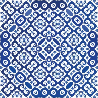 Seramik fayanslar azulejo portugal. Banyo tasarımı. Vektörsüz desenli elementler. Tişört, hatıra defteri, çarşaf, akıllı telefon çantası veya çantalar için mavi etnik geçmiş.