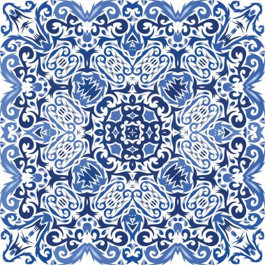 Portekiz azulejo 'sunda etnik seramik fayans. Modern tasarım. Vektörsüz model kavramı. Yüzey dokusu, havlu, yastık, duvar kağıdı, baskı, web arkaplanı için mavi vintage süs.