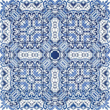 Dekoratif renk seramik azulejo fayansları. Yaratıcı tasarım. Vektörsüz şablon çerçevesi. Mavi halk baskısı, web arkaplanı, yüzey dokusu, havlular, yastıklar, duvar kağıdı.