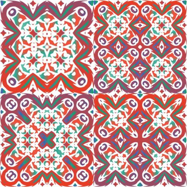 Meksika Talavera 'daki etnik seramik fayanslar. Bir dizi vektörsüz şablon. Orijinal tasarım Yüzey dokusu, havlu, yastık, duvar kağıdı, baskı, web arkaplanı için kırmızı vintage süslemeler.