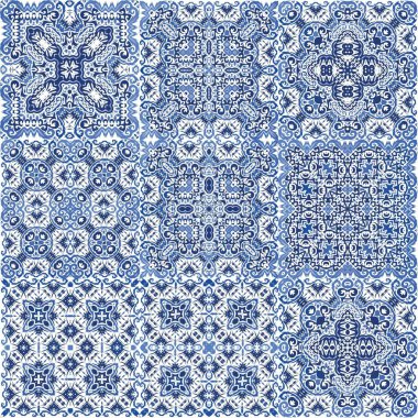 Antika Portekiz azulejo seramiği. Grafik tasarımı. Bir dizi vektörsüz şablon. Koleksiyon defteri, akıllı telefon kılıfları, tişörtler, çantalar ve çarşaflar için mavi ve soyut bir dekor.