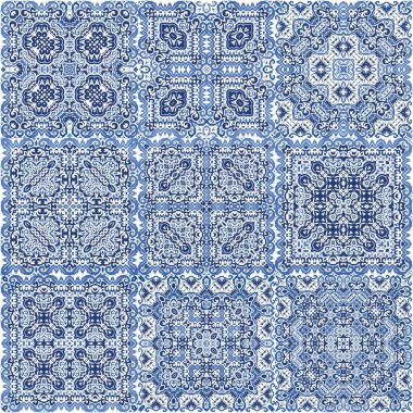 Süslü Azulejo Portekiz fayansları. Moda tasarımı. Vektörsüz desenlerin toplanması. Çarşaflar, akıllı telefon kılıfları, hatıra defterleri, çantalar ya da tişörtler için mavi muhteşem halk resimleri..