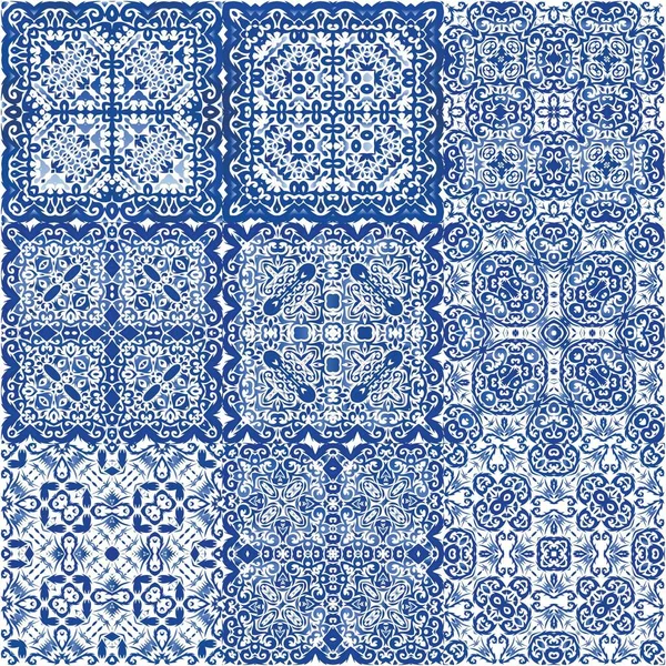 Portuguese Vintage Azulejo Tiles Universal Design Set Vector Seamless Patterns — Stock Vector