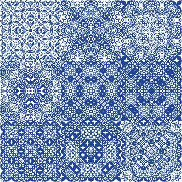 Traditional Ornate Portuguese Azulejos Modern Design Kit Vector Seamless Patterns — Stock Vector