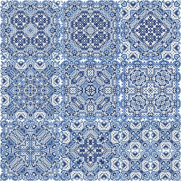セラミックタイル Azulejoポータルサイト ベクトルシームレスパターンのキット 創造的なデザイン Tシャツ スクラップブッキング リネン スマートフォンケースやバッグのための青の民族の背景 — ストックベクタ