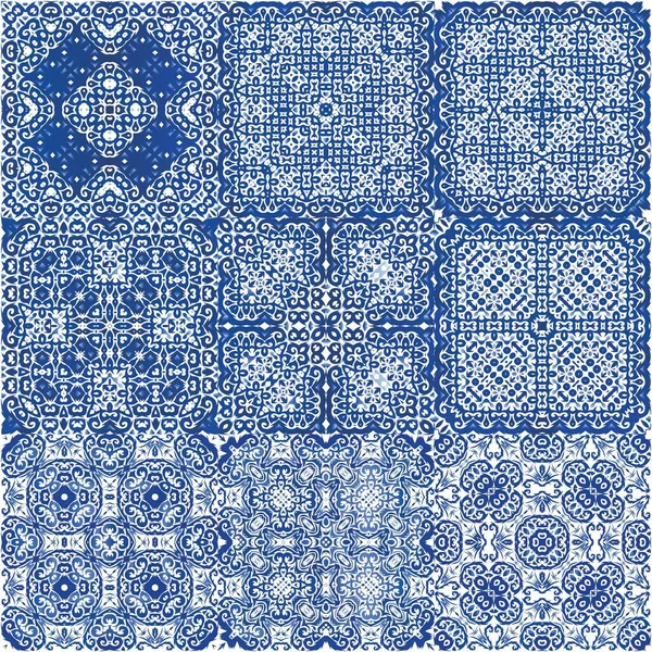 Ethnic Ceramic Tiles Portuguese Azulejo Kit Vector Seamless Patterns Minimal — Stock Vector