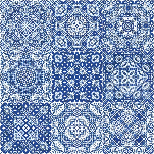アンティークポルトガル語Azulejoセラミック ベクトルシームレスパターンのコレクション モダンなデザイン スクラップブッキング スマートフォンケース Tシャツ バッグやリネンのための青の花と抽象的な装飾 — ストックベクタ
