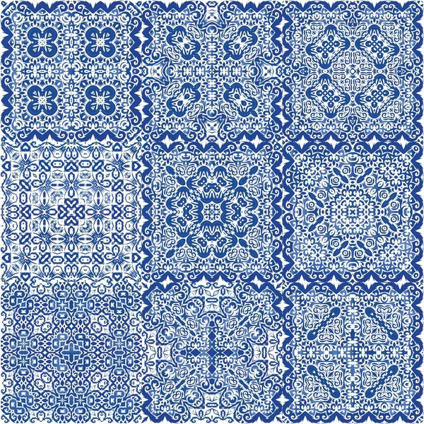 Azulejo Portugués Ornamental Cerámica Colección Patrones Sin Costura Vectores Diseño — Archivo Imágenes Vectoriales