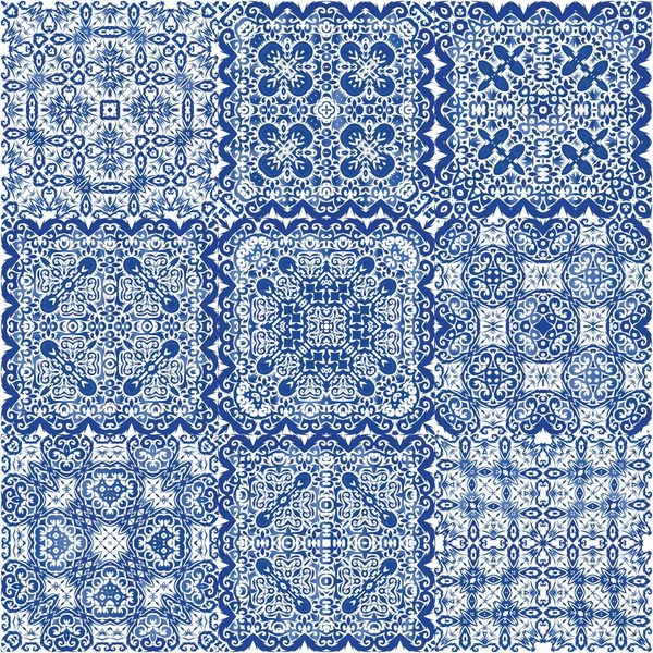 Antique Portuguese Azulejo Ceramic Collection Vector Seamless Patterns Modern Design — Stock Vector
