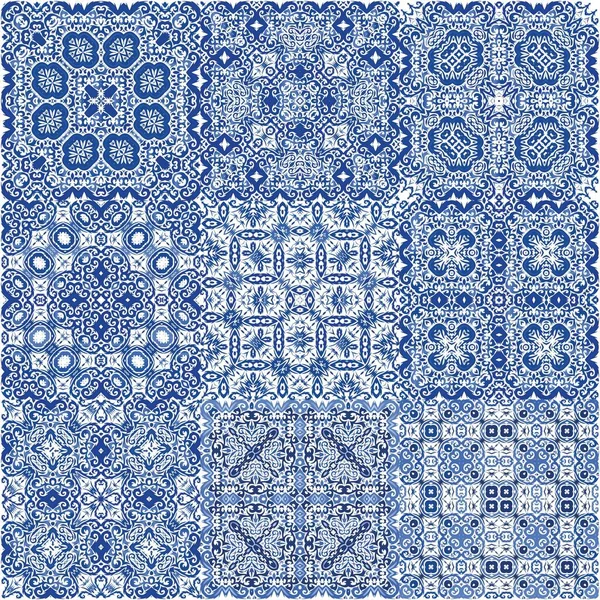 ポルトガルの装飾的なAzulejoセラミック ファッショナブルなデザイン ベクトルシームレスパターンのキット ウェブ背景 タオル 表面のテクスチャ 枕のためのブルーヴィンテージの背景 — ストックベクタ