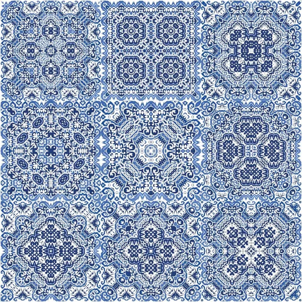 Ornamental Azulejo Portugal Tiles Decor Set Vector Seamless Patterns Hand — Stock Vector