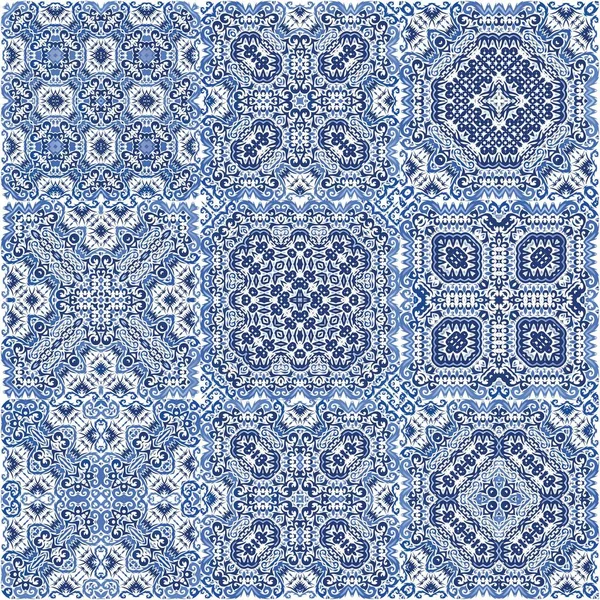 セラミックタイル Azulejoポータルサイトベクトルシームレスパターンのコレクション 創造的なデザイン Tシャツ スクラップブッキング リネン スマートフォンケースやバッグのための青の民族の背景 — ストックベクタ