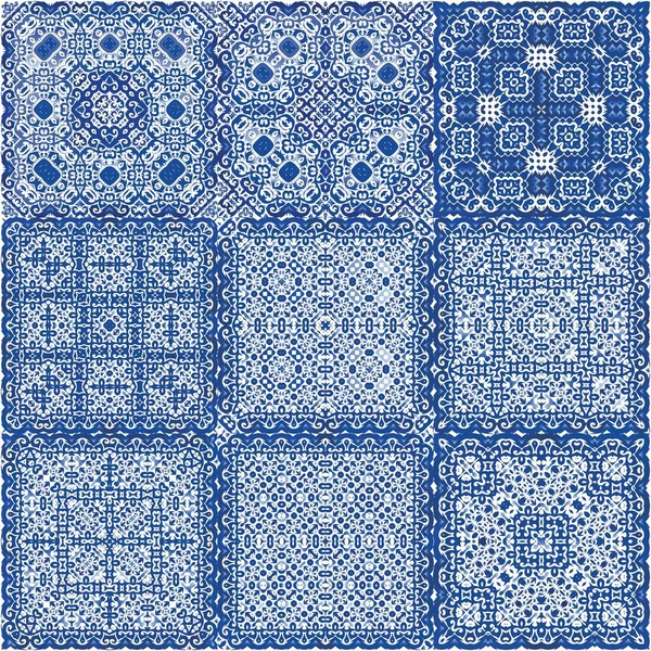 ポルトガル語Azulejoの民族陶板タイル ベクトルシームレスパターンのセット モダンなデザイン 表面の質感 タオル ウェブ背景のためのブルーヴィンテージの装飾 — ストックベクタ