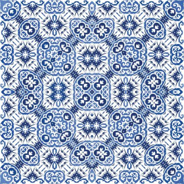 Süslü Azulejo Portekiz fayansları. Renkli tasarım. Vektörsüz desenli poster. Çarşaflar, akıllı telefon kılıfları, hatıra defterleri, çantalar ya da tişörtler için mavi muhteşem çiçek desenleri..