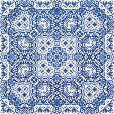 Portekizce süslemeli azulejo seramik. Vektör pürüzsüz desen teması. El yapımı tasarım. Duvar kağıdı, web arkaplanı, havlular, baskı, yüzey dokusu, yastıklar için mavi vintage arkaplan.