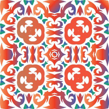 Antika talavera kiremit yama işi. Moda tasarımı. Vektörsüz şablon. Çantalar, akıllı telefon kılıfları, tişörtler, çarşaflar ve koleksiyon defterleri için kırmızı Meksika süslemeleri..