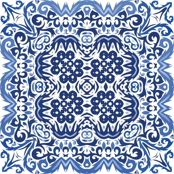 Traditionelles Portugiesisches Azulejo Handgezeichneter Entwurf Vektornahtloser Musterrahmen Blauer Abstrakter Hintergrund — Stockvektor
