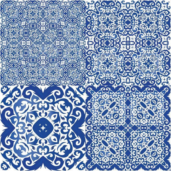 Antique Azulejo Tiles Patchworks Minimal Design Kit Vector Seamless Patterns — Stock Vector