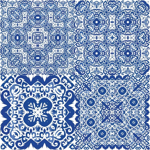 Portuguese Vintage Azulejo Tiles Collection Vector Seamless Patterns Minimal Design — Stock Vector