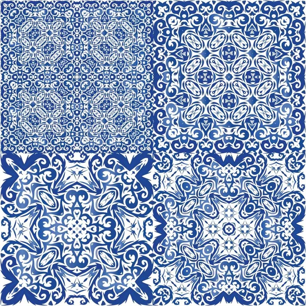 Tambalan Ubin Azulejo Antik Desain Geometrik Koleksi Pola Vektor Mulus - Stok Vektor