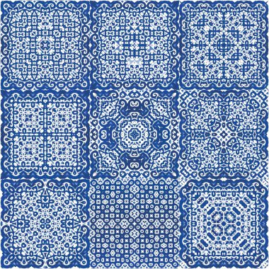 Antika Portekiz azulejo seramiği. Geometrik tasarım. Vektör aralıksız desenler. Koleksiyon defteri, akıllı telefon kılıfları, tişörtler, çantalar ve çarşaflar için mavi ve soyut bir dekor.