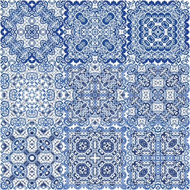 Portekizce süslemeli azulejo seramik. Geometrik tasarım. Bir dizi vektörsüz şablon. Duvar kağıdı, web arkaplanı, havlular, baskı, yüzey dokusu, yastıklar için mavi vintage arkaplan.