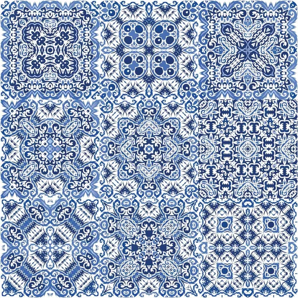 Traditional Ornate Portuguese Azulejo Vector Seamless Pattern Collage Geometric Design — Stock Vector