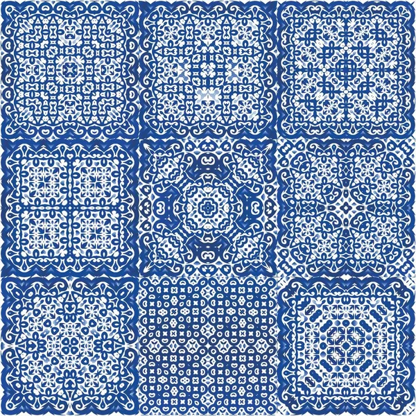 Antique Portuguese Azulejo Ceramic Geometric Design Kit Vector Seamless Patterns — Stock Vector