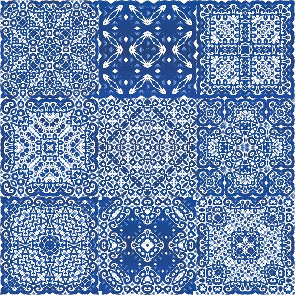 Baldosas Cerámicas Étnicas Azulejo Portugués Diseño Dibujado Mano Colección Patrones — Archivo Imágenes Vectoriales