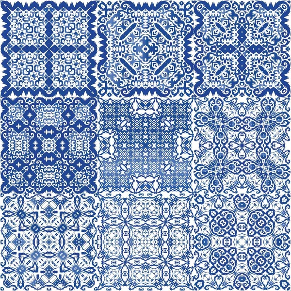 Azulejo Portugués Ornamental Cerámica Diseño Mínimo Colección Patrones Sin Costura — Vector de stock