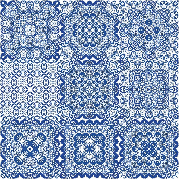 Antique Azulejo Tiles Patchworks Original Design Collection Vector Seamless Patterns — Stock Vector