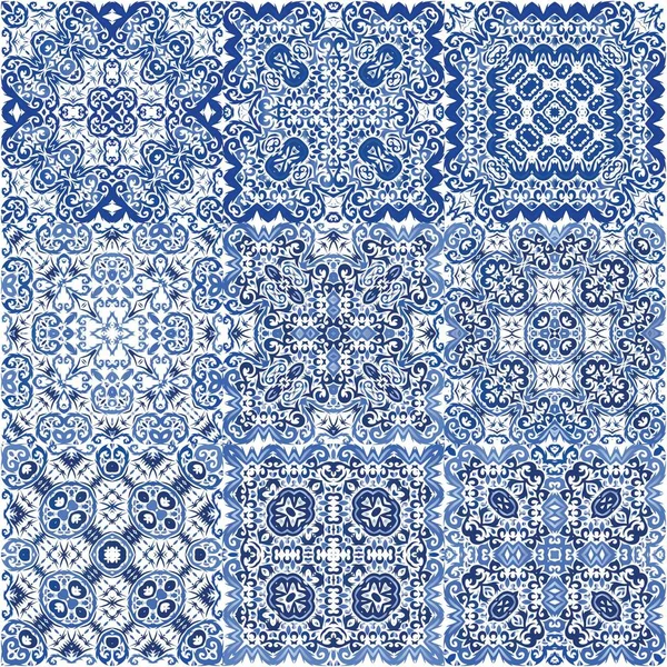 Portuguese Ornamental Azulejo Ceramic Geometric Design Set Vector Seamless Patterns — Stock Vector