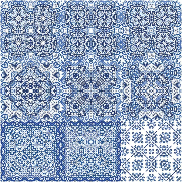 Portuguese Ornamental Azulejo Ceramic Set Vector Seamless Patterns Original Design — Stock Vector