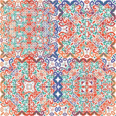 Meksika süslemeli talavera seramiği. Bir dizi vektörsüz şablon. Orijinal tasarım Duvar kağıdı, web arkaplanı, havlular, baskı, yüzey dokusu, yastıklar için kırmızı vintage arkaplan.