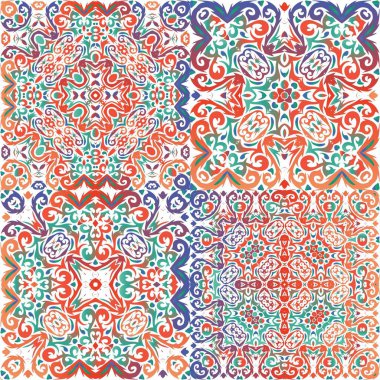 Süslü Talavera Meksika fayans dekoru. Bir dizi vektörsüz şablon. Minimum tasarım. Çarşaflar, akıllı telefon kılıfları, hatıra defterleri, çantalar ya da tişörtler için kırmızı muhteşem çiçek desenleri..