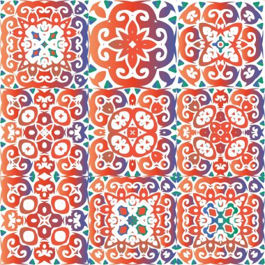 Dekoratif renk talavera fayansları. El yapımı tasarım. Vektör aralıksız desenler. Baskı, web arkaplanı, yüzey dokusu, havlu, yastık, duvar kağıdı için kırmızı halk etnik süslemeleri.