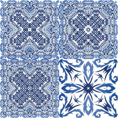Portekiz azulejo 'sunda etnik seramik fayans. Vektörsüz suluboya desenli. Banyo tasarımı. Yüzey dokusu, havlu, yastık, duvar kağıdı, baskı, web arkaplanı için klasik süs.