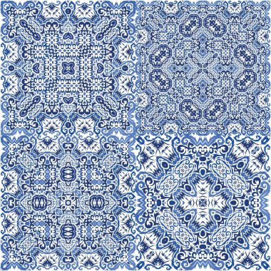 Antika azulejo döşeme yaması. Vektörsüz desenli poster. Renkli tasarım. Çantalar, akıllı telefon kılıfları, tişörtler, çarşaflar veya koleksiyon defterleri için İspanya ve Portekiz dekoru.