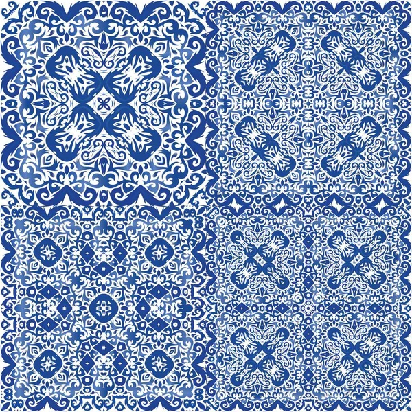 Portuguese Ornamental Azulejo Ceramic Set Vector Seamless Patterns Creative Design — Stock Vector